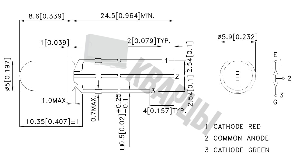 L-59EGW-CA, Светодиод красный/зеленый 60 d=5мм 5/5мКд 625/568нМ 3 ножки